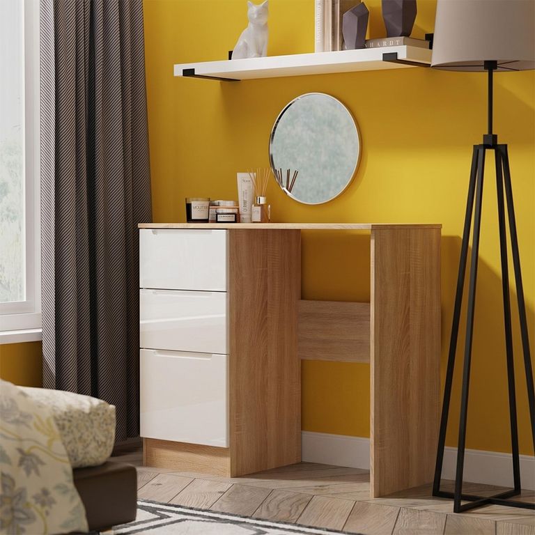 Milan Dressing Table - Single - 3 Drawer - White Gloss and Oak