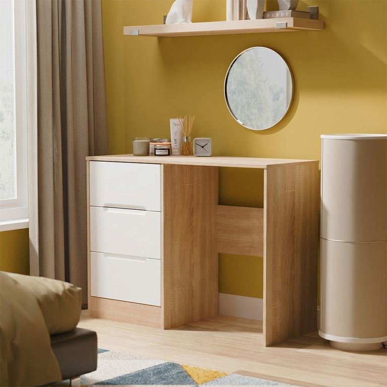 Monaco Dressing Table - Single - 3 Drawer - White Matt and Oak