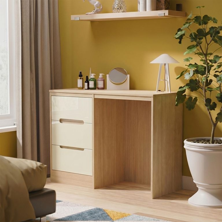 Monaco Dressing Table - Single - 3 Drawer - Cream Gloss and Light Oak
