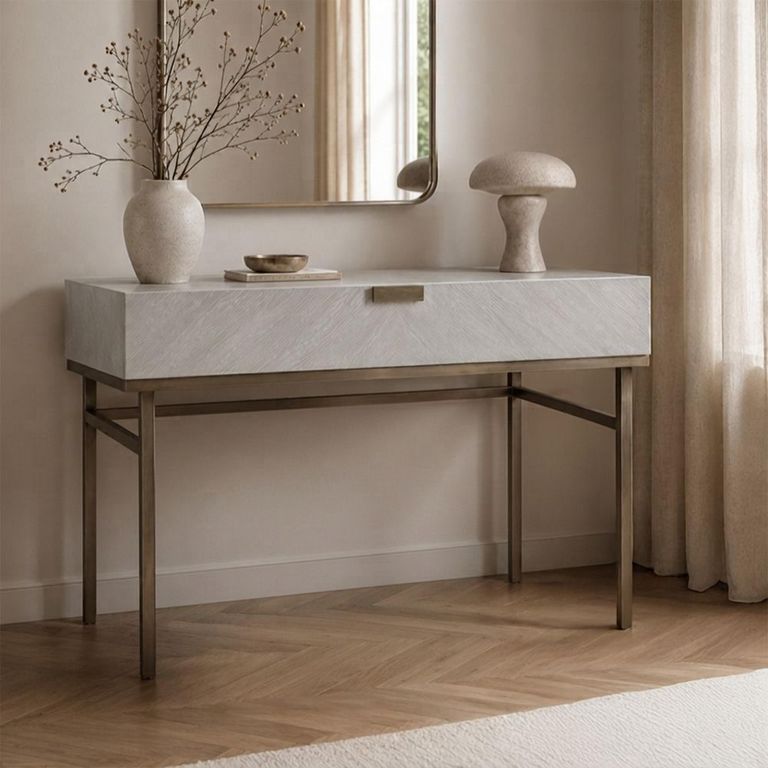 Lilly Dressing Table - 1 Drawer - Chevron - Soft Grey and Bronze - Wood and Metal