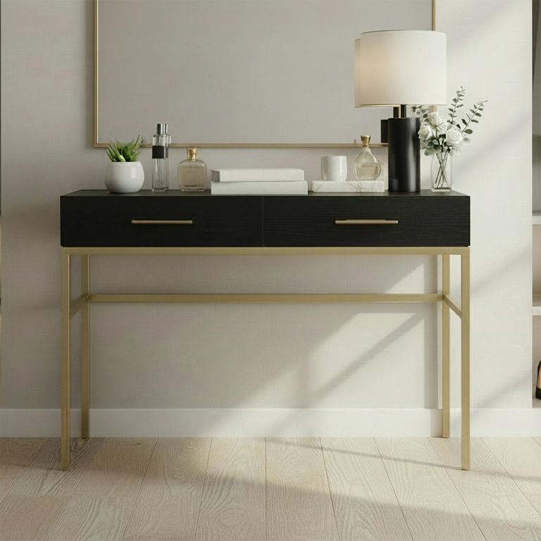 Tulip Dressing Table - 2 Drawer - Wenge Black and Gold - Wood and Metal