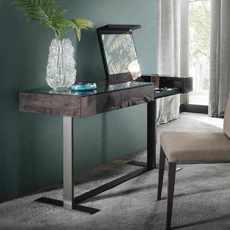 Heritage Dressing Table - 1 Drawer - with Lift Up Mirror - Dark Velvet Birch High Gloss and Black