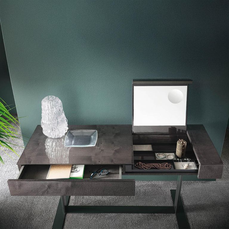 Heritage Dressing Table - 1 Drawer - with Lift Up Mirror - Dark Velvet Birch High Gloss and Black