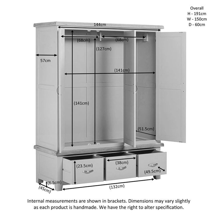 Wilmont Wardrobe - 3 Door - 3 Drawer - Black Painted