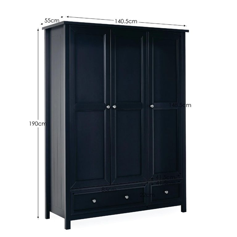 Maine Wardrobe - 3 Door - 2 Drawer - Black