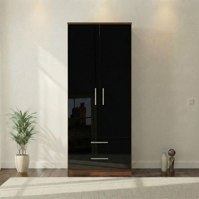 Knightsbridge Wardrobe - 2 Door - 2 Drawer - Double - Black Gloss and Walnut