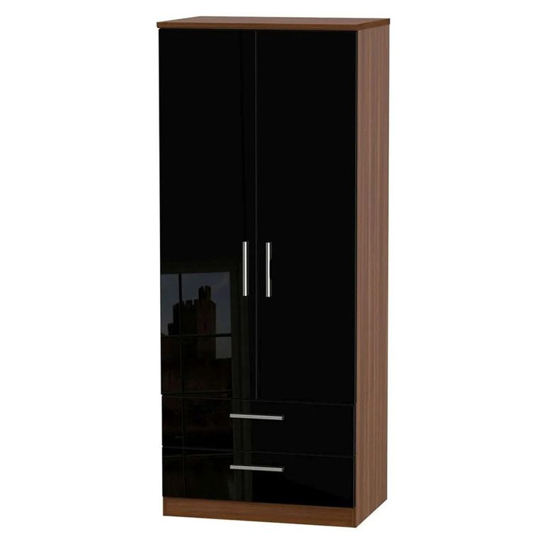 Knightsbridge Wardrobe - 2 Door - 2 Drawer - Double - Black Gloss and Walnut