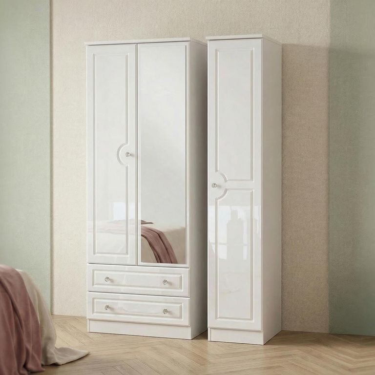 Balmoral Wardrobe - 3 Door - Tall Combi -  with 1 Mirror - and LHF 2 Drawers - White Gloss