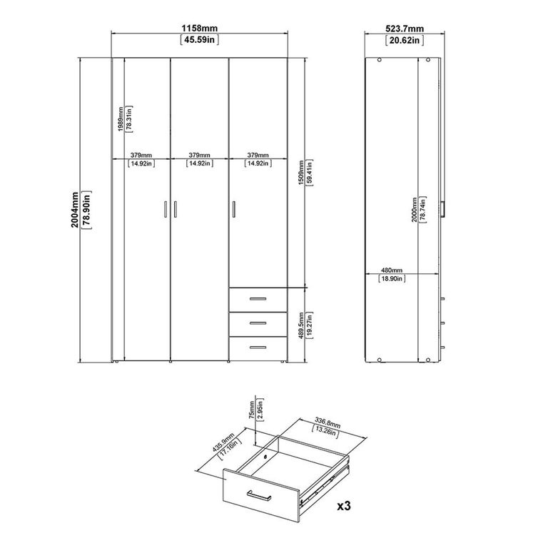 Space Wardrobe - 3 Door - 3 Drawer - White