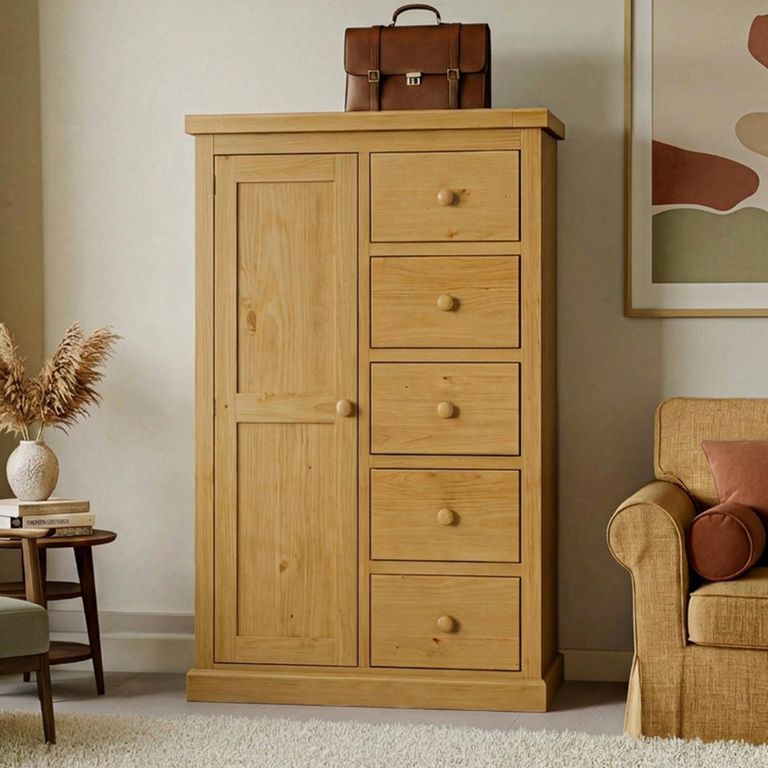 Churchill Wardrobe - 1 Door 5 Drawer - Combination - Waxed Pine