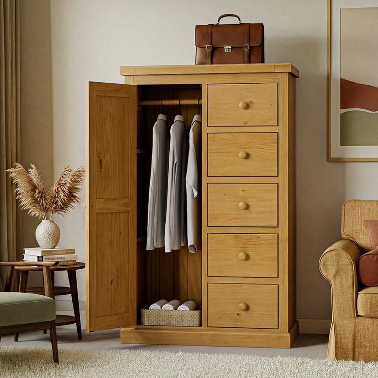 Churchill Wardrobe - 1 Door 5 Drawer - Combination - Waxed Pine