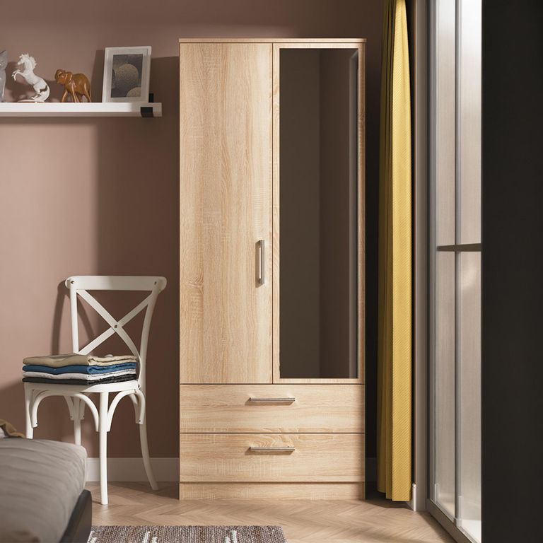 Devon Tall Combi Wardrobe - 2 Door - 1 Mirror - Oak