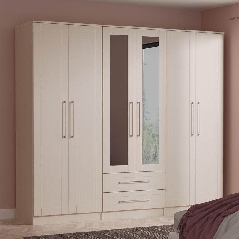 York Wardrobe - 6 Door - Tall - Mirror - Combi - Cashmere