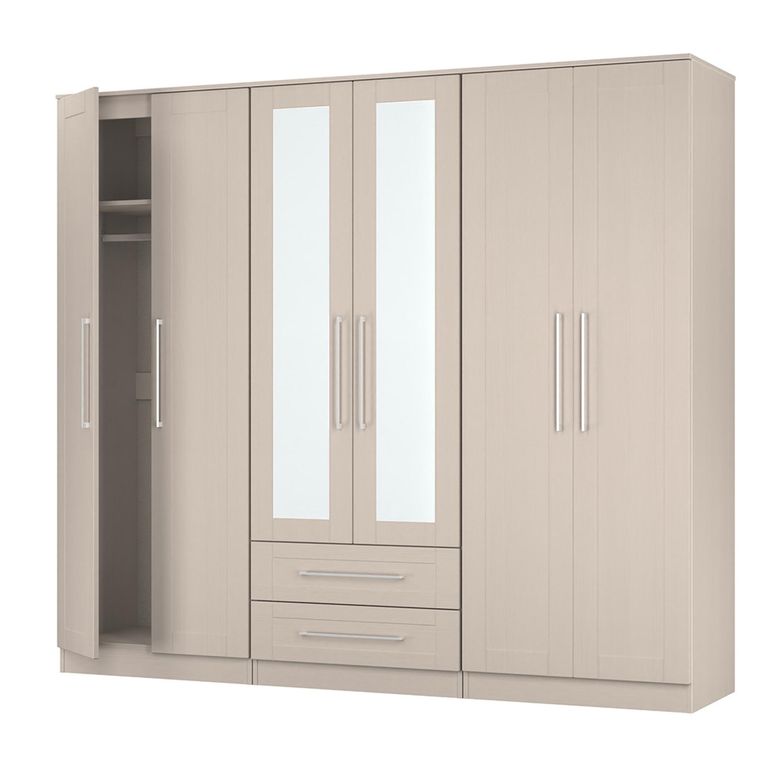 York Wardrobe - 6 Door - Tall - Mirror - Combi - Cashmere