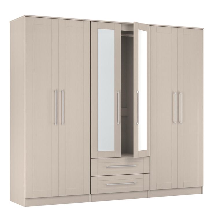 York Wardrobe - 6 Door - Tall - Mirror - Combi - Cashmere