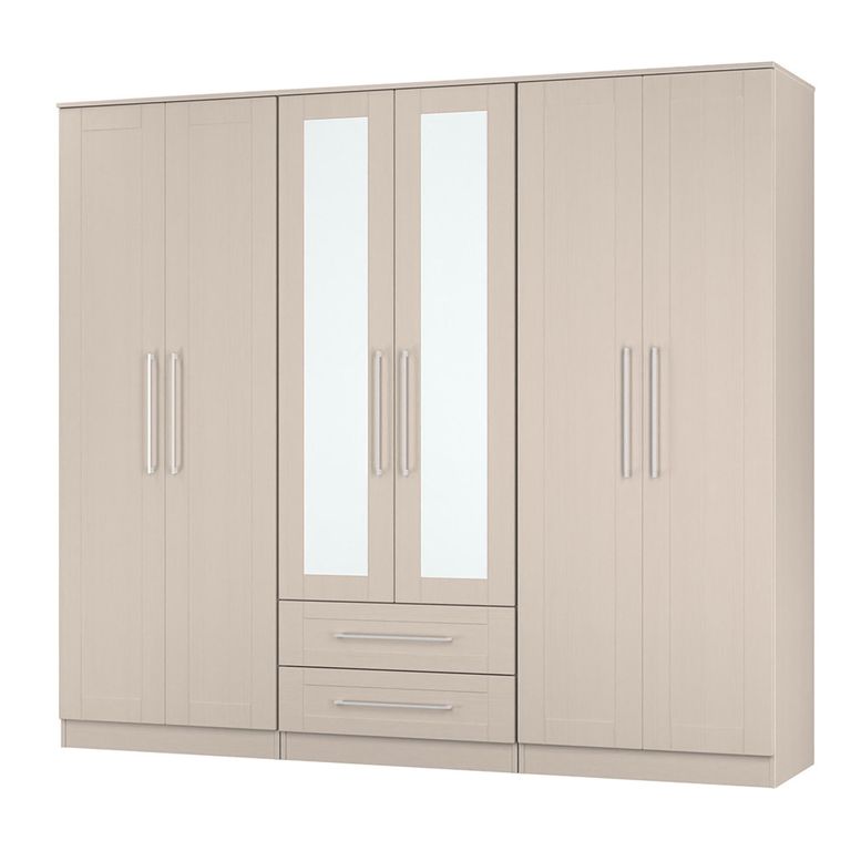 York Wardrobe - 6 Door - Tall - Mirror - Combi - Cashmere