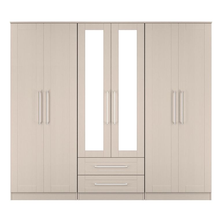 York Wardrobe - 6 Door - Tall - Mirror - Combi - Cashmere