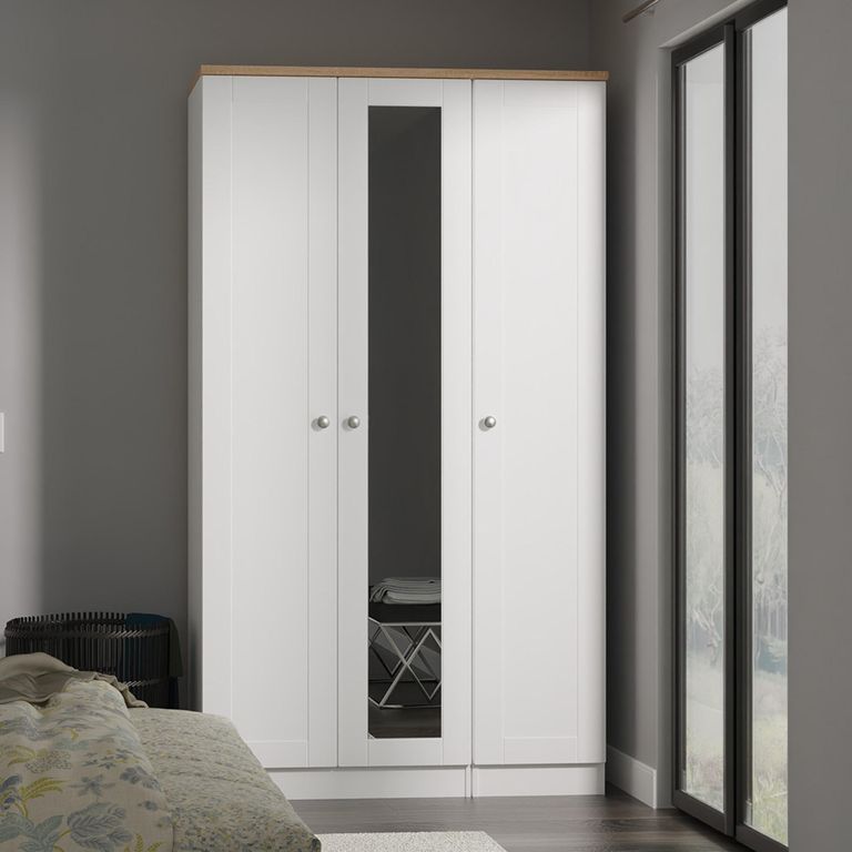 Sussex Wardrobe - 3 Door - Tall - 1 Mirror - Triple - White and Oak
