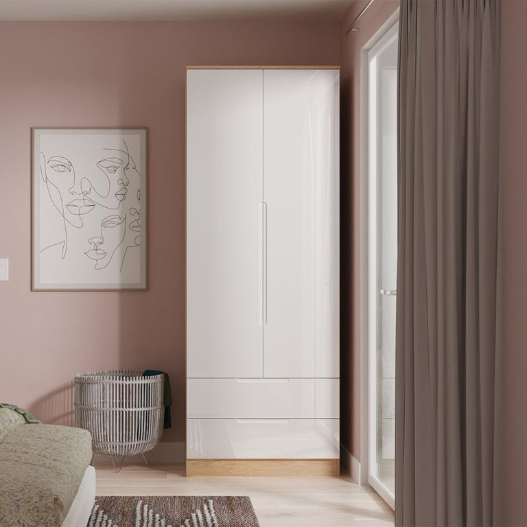Milan Wardrobe - 2 Door - 2 Drawer - Double - White Gloss and Oak