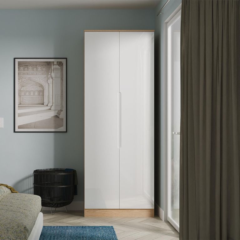 Milan Wardrobe - 2 Door - Plain - Tall - White Gloss and Oak