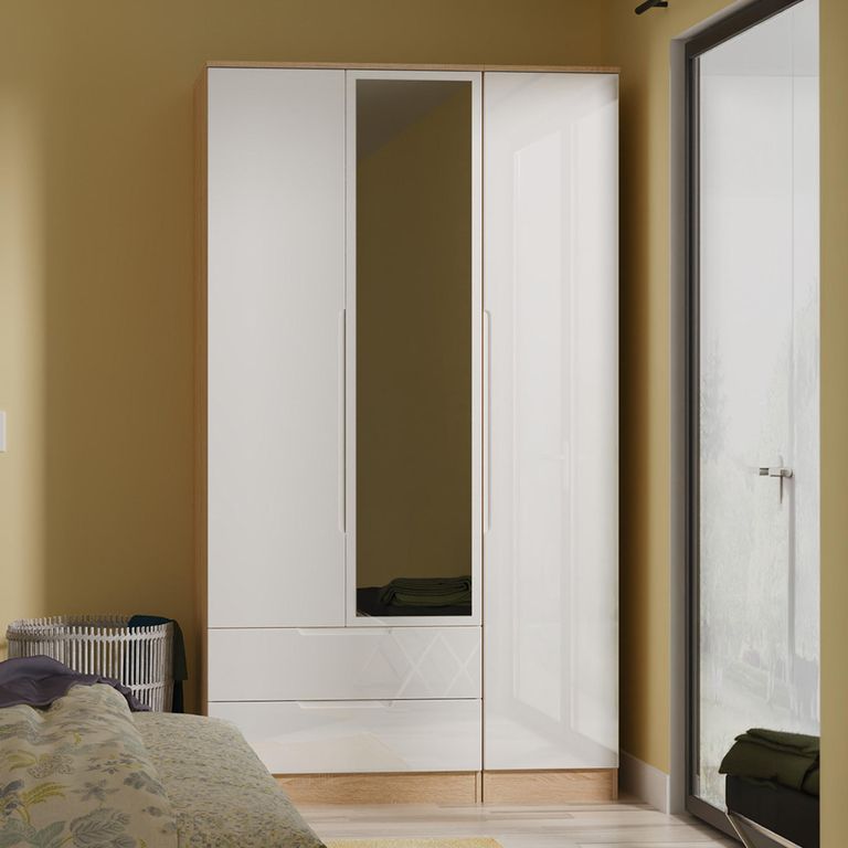 Milan Wardrobe - 3 Door - 1 Mirror - LHF 2 Drawer - Tall - Combi - White Gloss and Oak