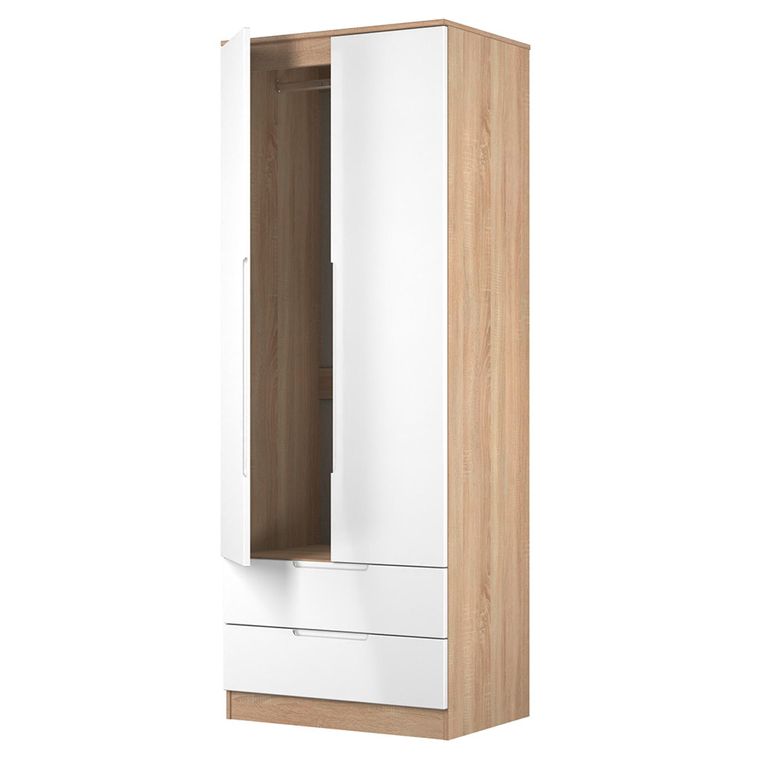 Milan Wardrobe - 2 Door - 2 Drawer - Double - White Gloss and Oak