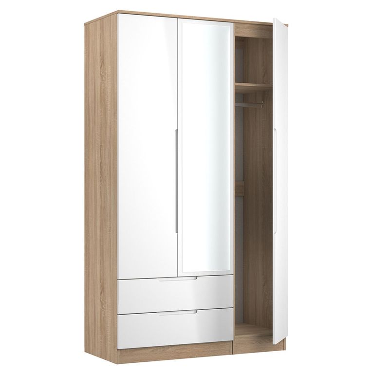 Milan Wardrobe - 3 Door - 1 Mirror - LHF 2 Drawer - Tall - Combi - White Gloss and Oak