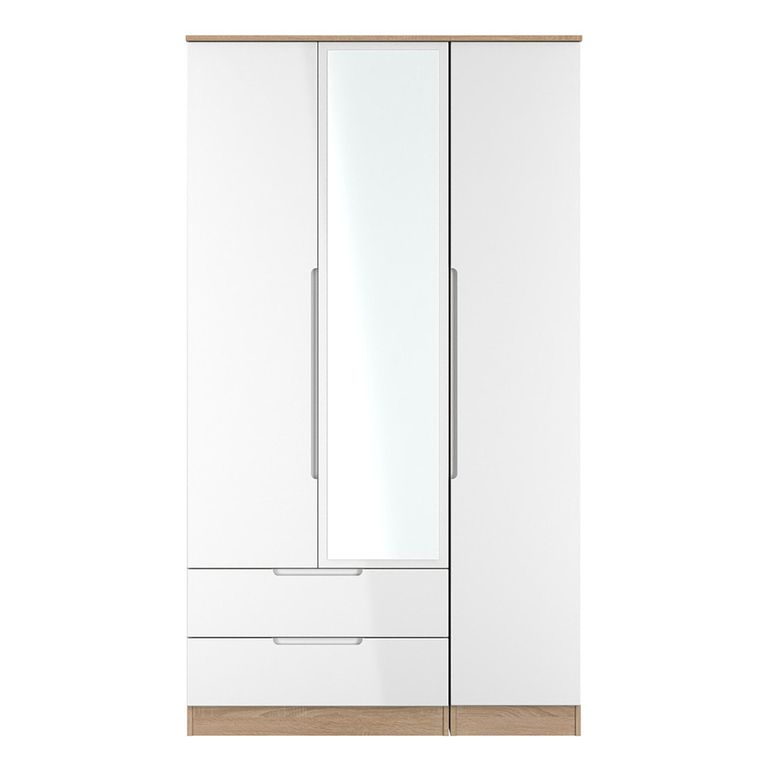 Milan Wardrobe - 3 Door - 1 Mirror - LHF 2 Drawer - Tall - Combi - White Gloss and Oak