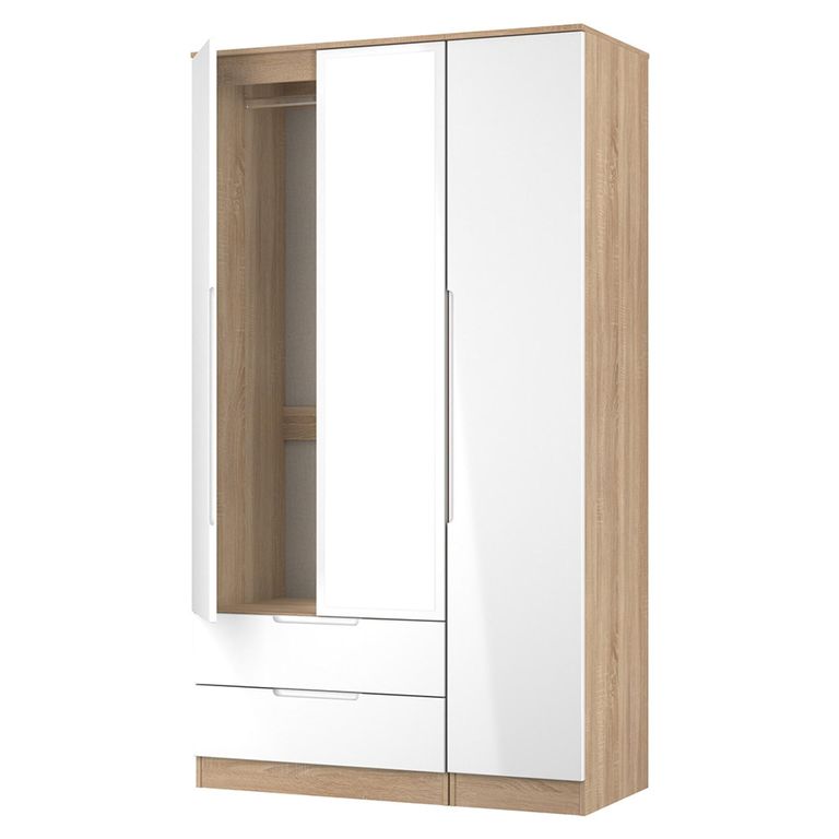 Milan Wardrobe - 3 Door - 1 Mirror - LHF 2 Drawer - Tall - Combi - White Gloss and Oak