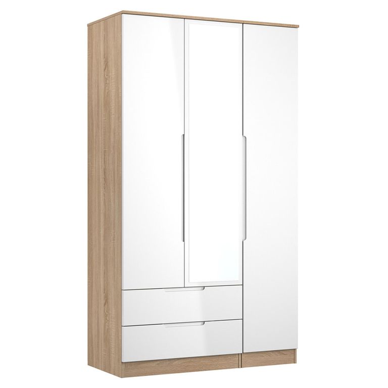Milan Wardrobe - 3 Door - 1 Mirror - LHF 2 Drawer - Tall - Combi - White Gloss and Oak