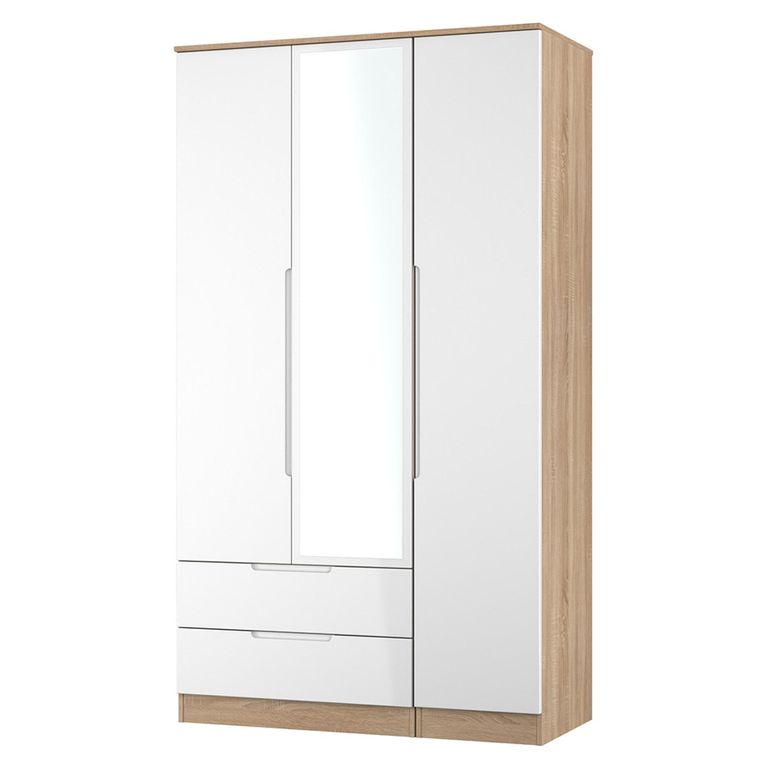 Milan Wardrobe - 3 Door - 1 Mirror - LHF 2 Drawer - Tall - Combi - White Gloss and Oak