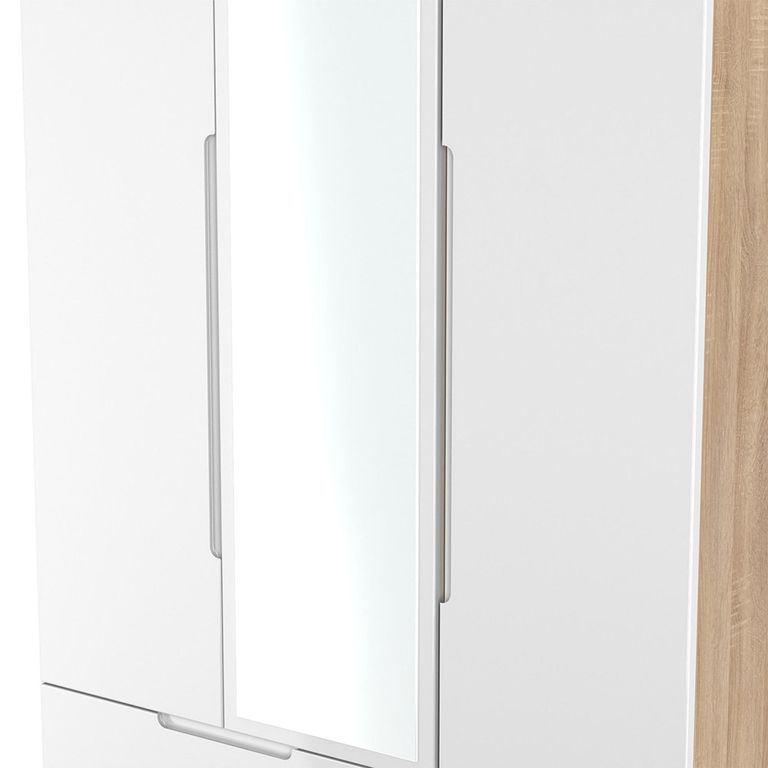 Milan Wardrobe - 3 Door - 1 Mirror - LHF 2 Drawer - Tall - Combi - White Gloss and Oak