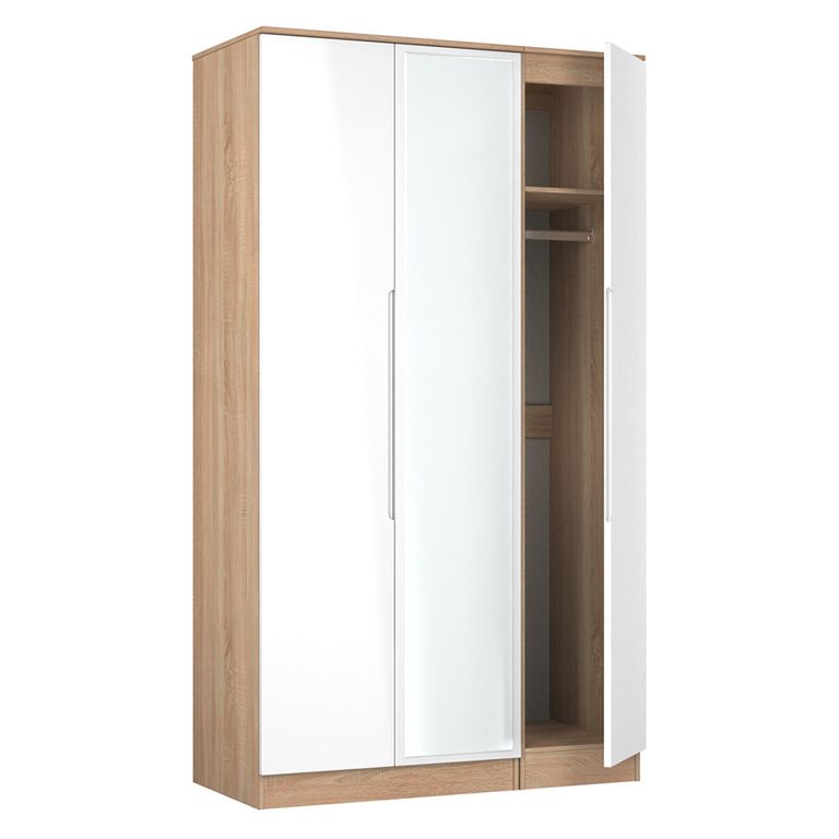 Milan Wardrobe - 3 Door - 1 Mirror - Tall - Triple - White Gloss and Oak