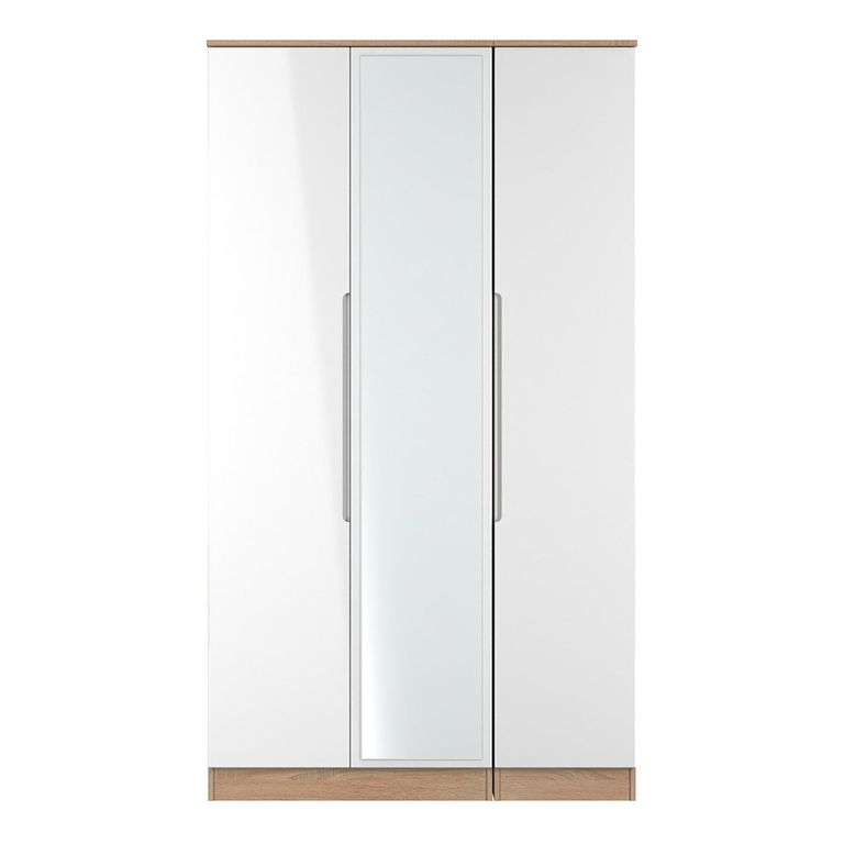 Milan Wardrobe - 3 Door - 1 Mirror - Tall - Triple - White Gloss and Oak