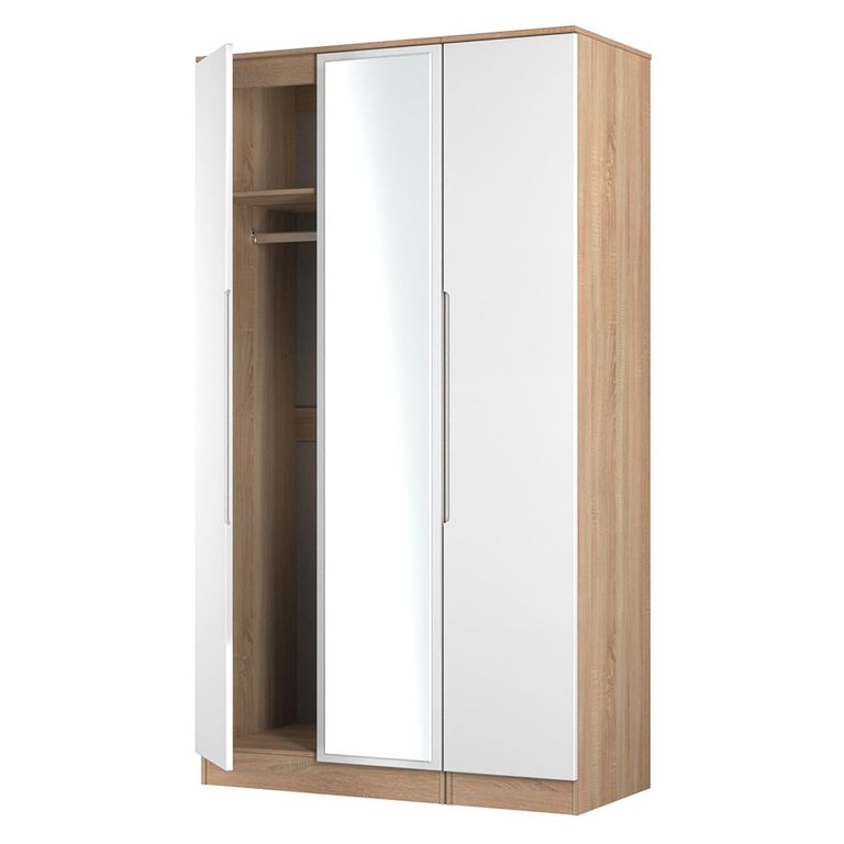 Milan Wardrobe - 3 Door - 1 Mirror - Tall - Triple - White Gloss and Oak