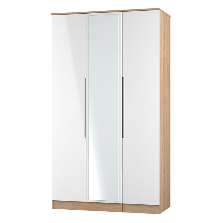 Milan Wardrobe - 3 Door - 1 Mirror - Tall - Triple - White Gloss and Oak