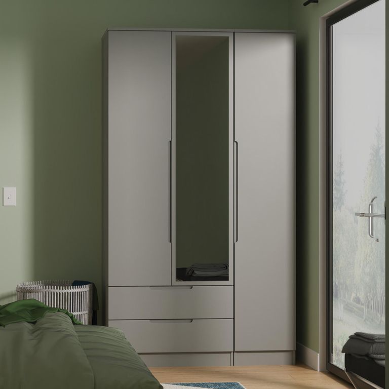 Milan Wardrobe - 3 Door - 1 Mirror - LHF 2 Drawer - Tall - Combi - Grey