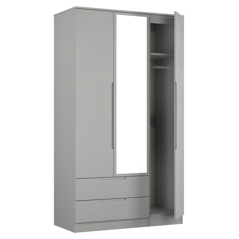 Milan Wardrobe - 3 Door - 1 Mirror - LHF 2 Drawer - Tall - Combi - Grey