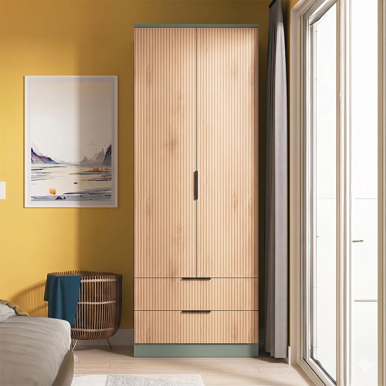 Java Fluted Wardrobe - 2 Door - 2 Drawer - Tall Robe - Natural and Reed Green