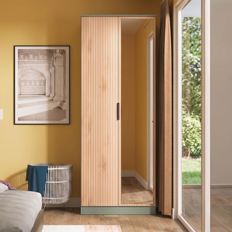 Java Fluted Wardrobe - 2 Door - Tall - 1 Mirror - Natural and Reed Green