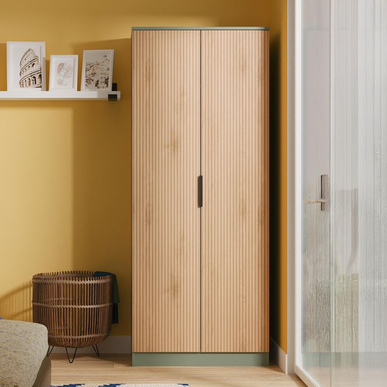 Java Fluted Wardrobe - 2 Door - Tall Robe - Natural and Reed Green