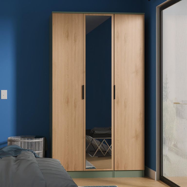 Java Fluted Wardrobe - 3 Door - Tall Triple Robe - 1 Mirror - Natural and Reed Green