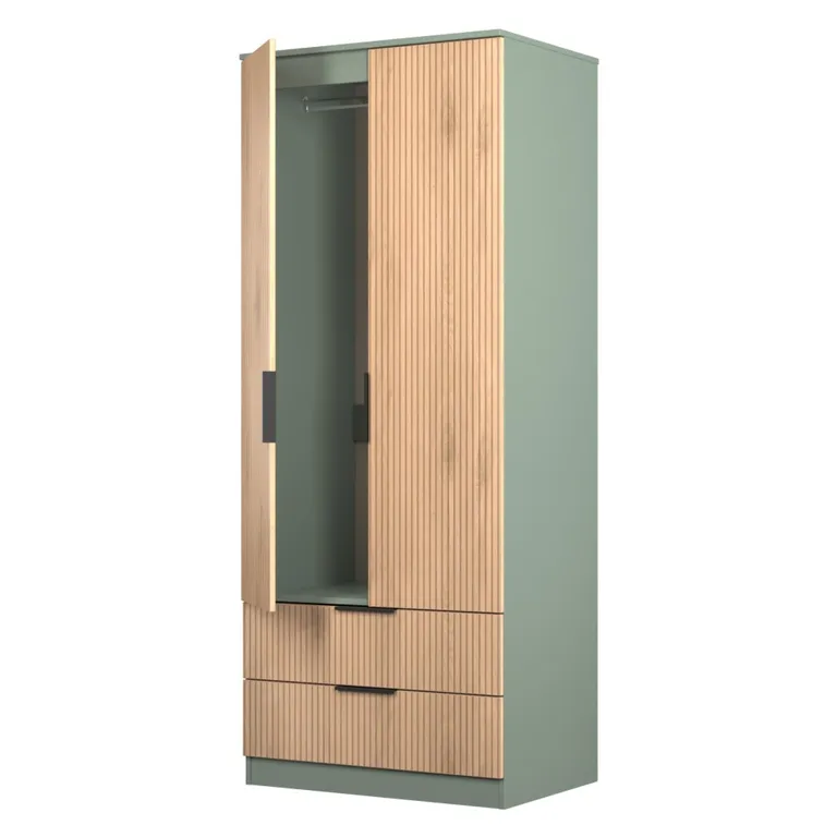 Java Fluted Wardrobe - 2 Door - 2 Drawer - Natural and Reed Green