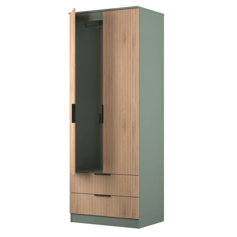Java Fluted Wardrobe - 2 Door - 2 Drawer - Tall Robe - Natural and Reed Green