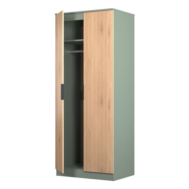 Java Fluted Wardrobe - 2 Door - Plain Robe - Natural and Reed Green