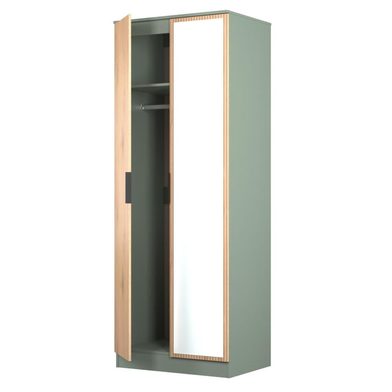 Java Fluted Wardrobe - 2 Door - Tall - 1 Mirror - Natural and Reed Green
