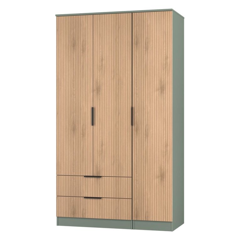 Java Fluted Wardrobe - 3 Door - 2 Drawer - Tall Triple - Natural and Reed Green