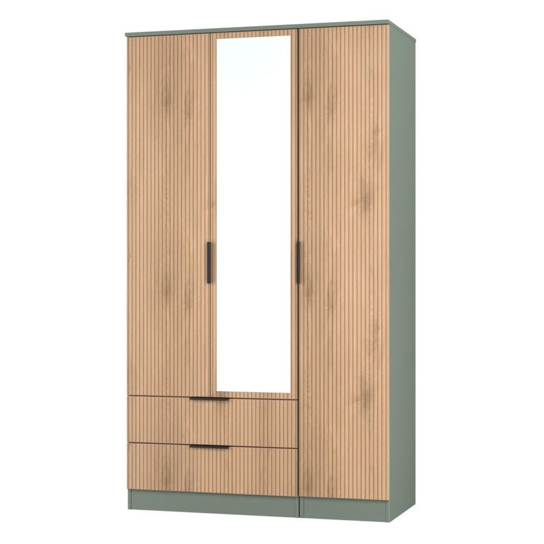 Java Fluted Wardrobe - 3 Door - Tall Triple Combi - 1 Mirror - Natural and Reed Green