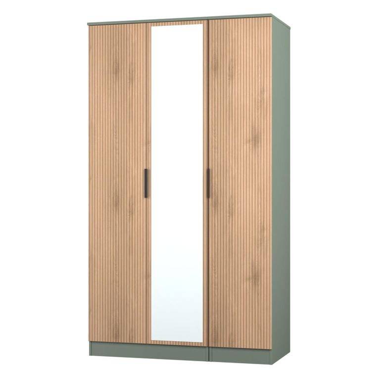 Java Fluted Wardrobe - 3 Door - Tall Triple Robe - 1 Mirror - Natural and Reed Green