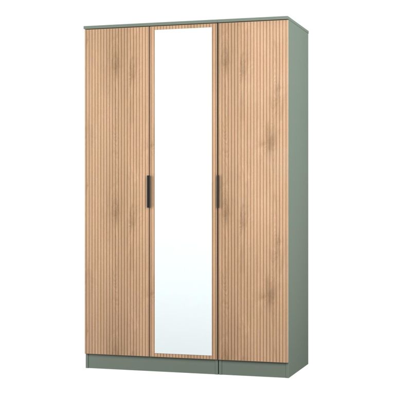 Java Fluted Wardrobe - 3 Door - Triple - 1 Mirror - Natural and Reed Green